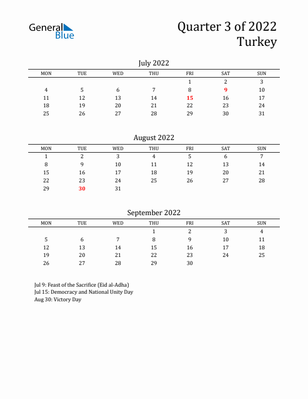 Quarter 3 2022 Turkey Quarterly Calendar