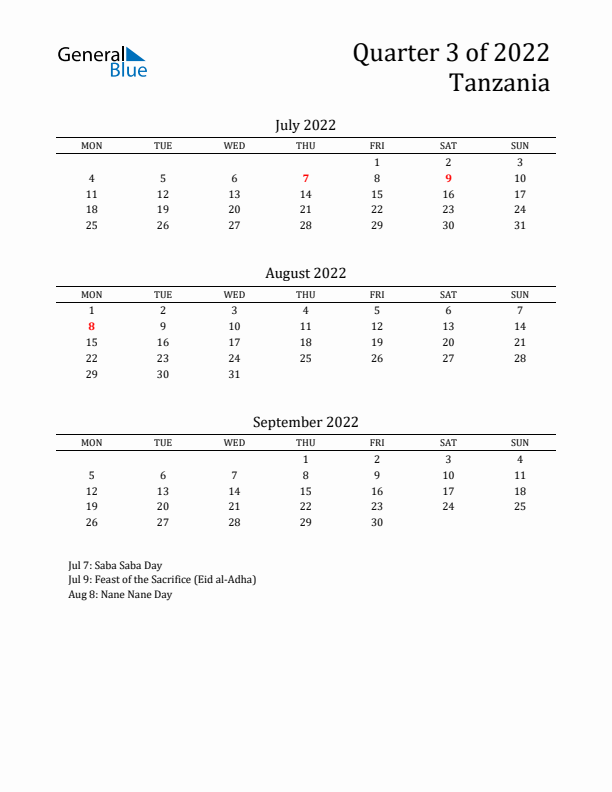 Quarter 3 2022 Tanzania Quarterly Calendar