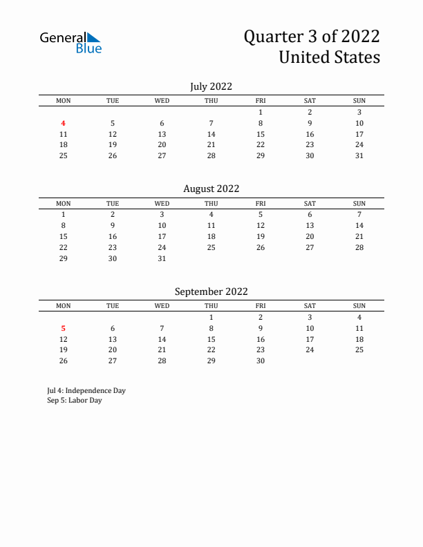 Quarter 3 2022 United States Quarterly Calendar