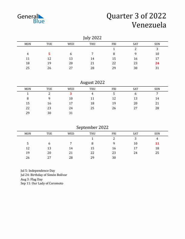 Quarter 3 2022 Venezuela Quarterly Calendar