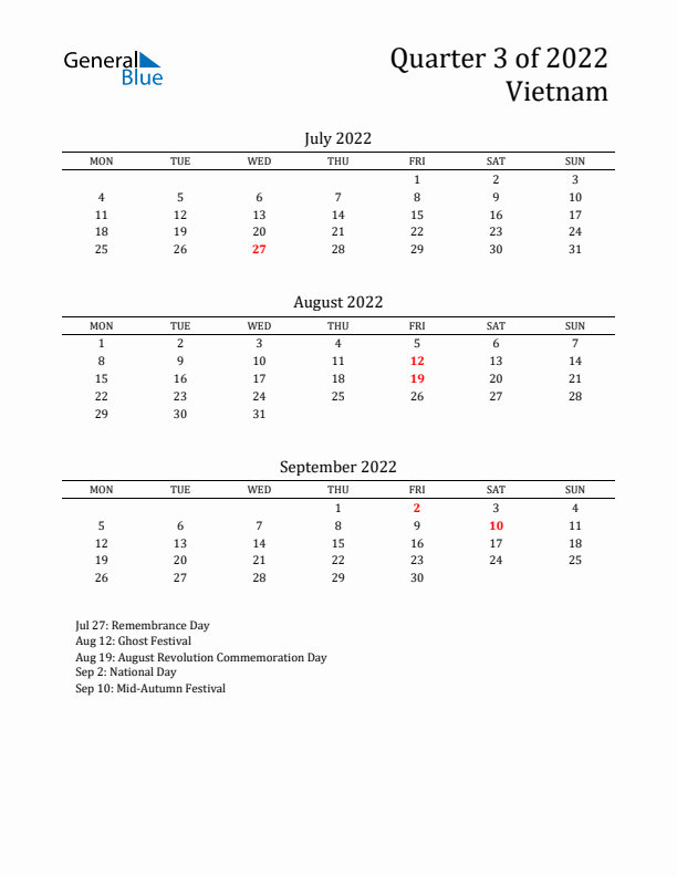 Quarter 3 2022 Vietnam Quarterly Calendar