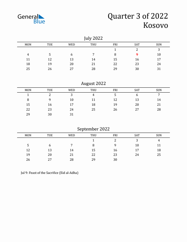 Quarter 3 2022 Kosovo Quarterly Calendar