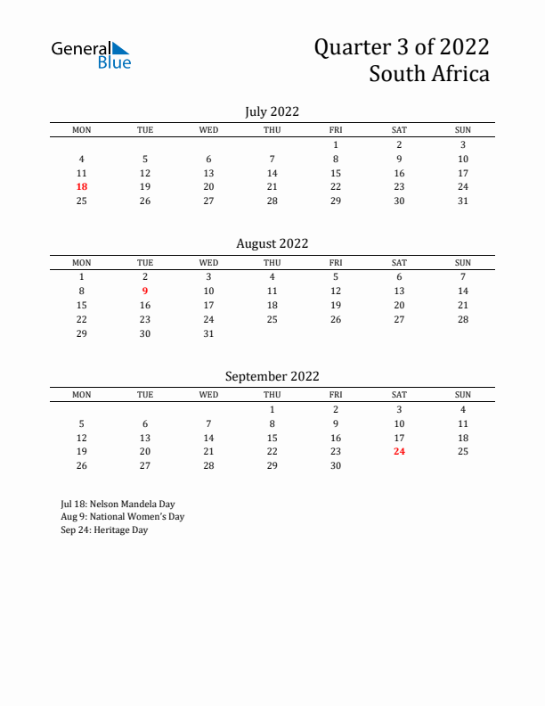 Quarter 3 2022 South Africa Quarterly Calendar