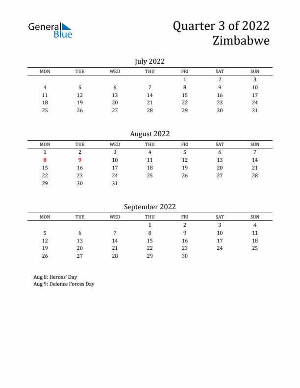 Quarter 3 2022 Zimbabwe Quarterly Calendar