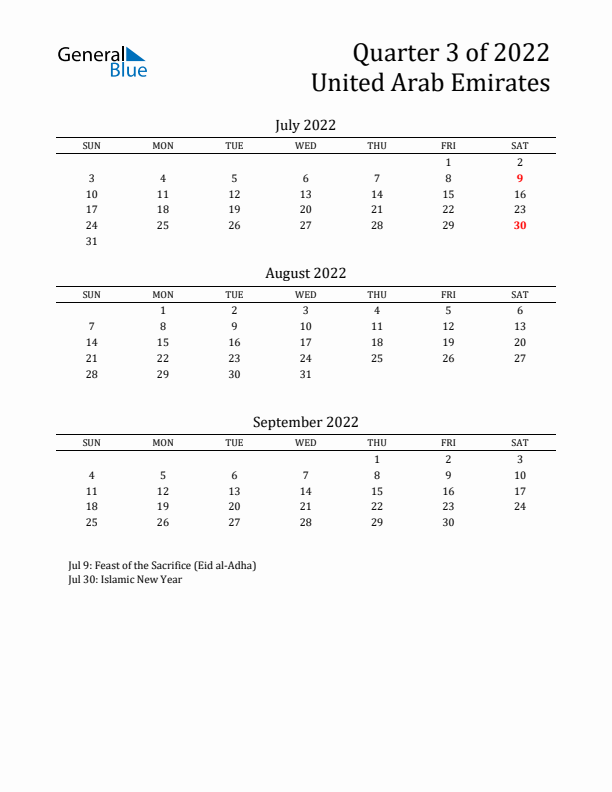 Quarter 3 2022 United Arab Emirates Quarterly Calendar