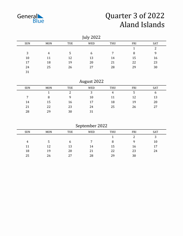 Quarter 3 2022 Aland Islands Quarterly Calendar