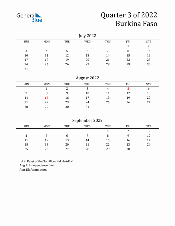 Quarter 3 2022 Burkina Faso Quarterly Calendar