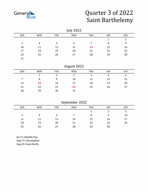 Quarter 3 2022 Saint Barthelemy Quarterly Calendar