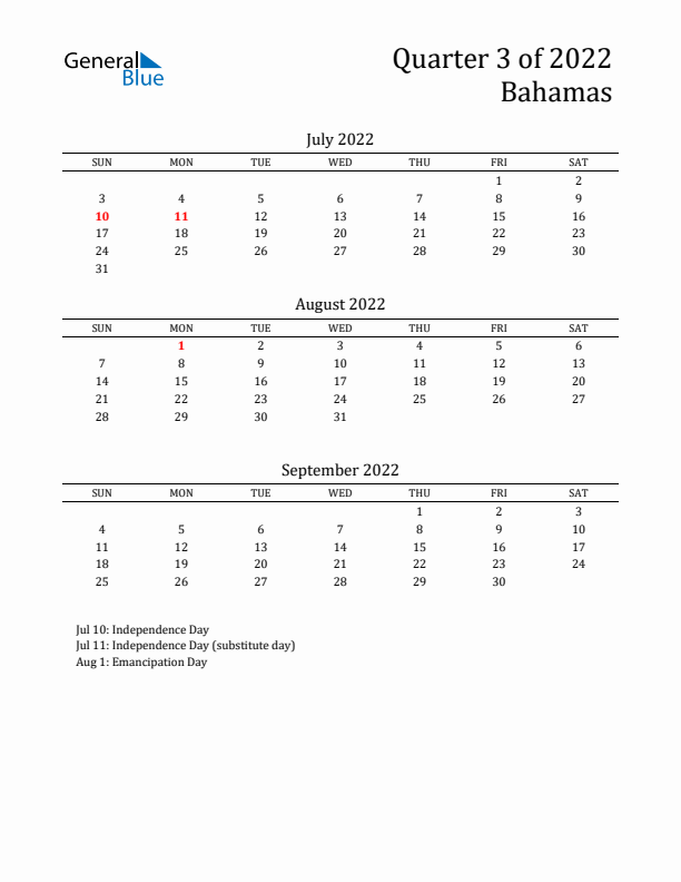 Quarter 3 2022 Bahamas Quarterly Calendar