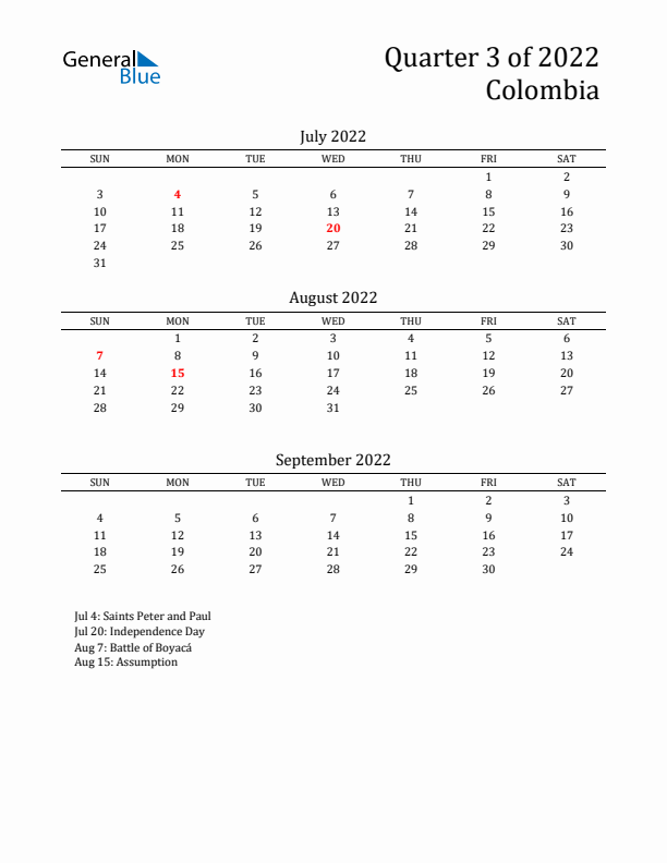 Quarter 3 2022 Colombia Quarterly Calendar