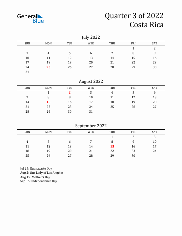 Quarter 3 2022 Costa Rica Quarterly Calendar