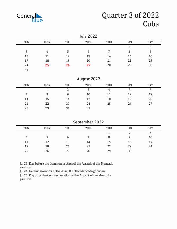 Quarter 3 2022 Cuba Quarterly Calendar