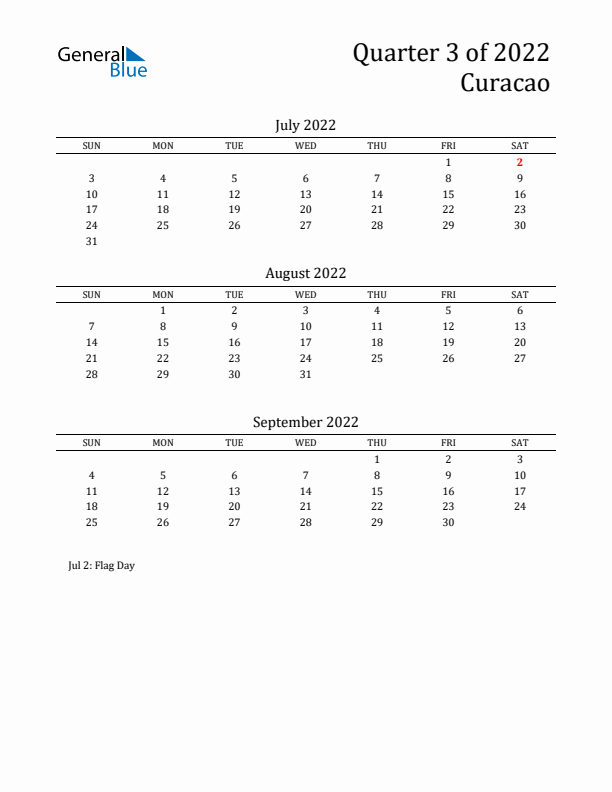 Quarter 3 2022 Curacao Quarterly Calendar