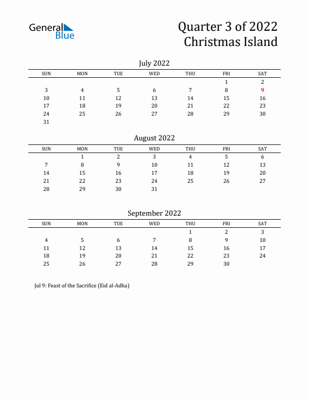 Quarter 3 2022 Christmas Island Quarterly Calendar