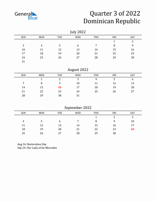 Quarter 3 2022 Dominican Republic Quarterly Calendar