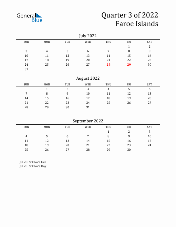 Quarter 3 2022 Faroe Islands Quarterly Calendar