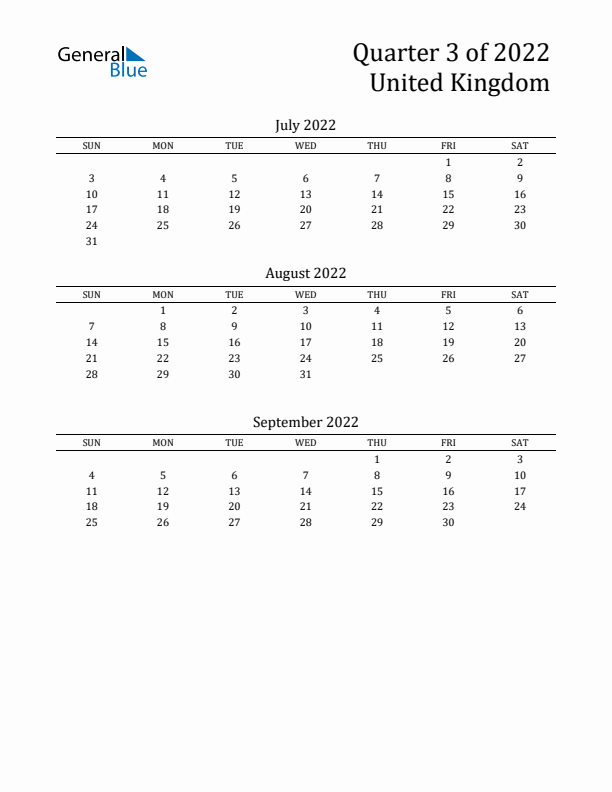 Quarter 3 2022 United Kingdom Quarterly Calendar