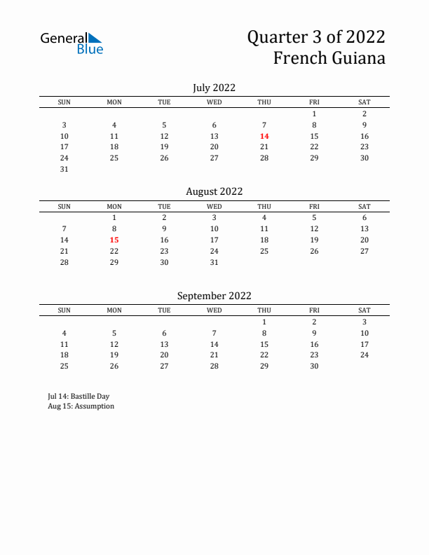 Quarter 3 2022 French Guiana Quarterly Calendar