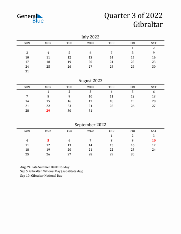 Quarter 3 2022 Gibraltar Quarterly Calendar