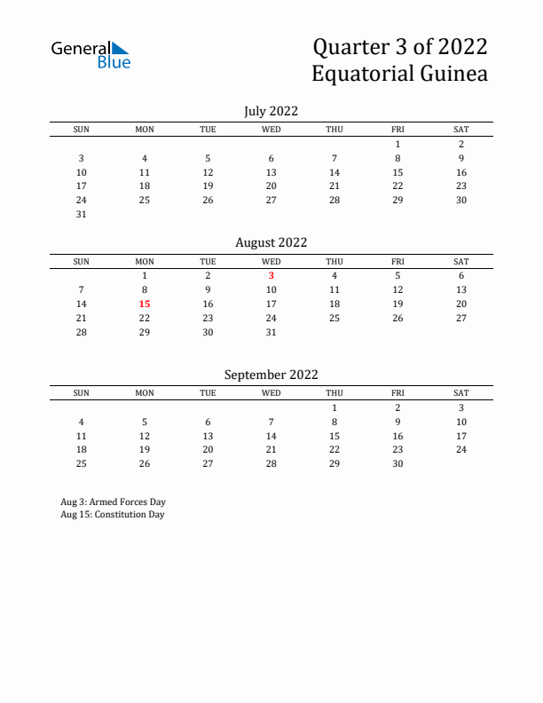 Quarter 3 2022 Equatorial Guinea Quarterly Calendar