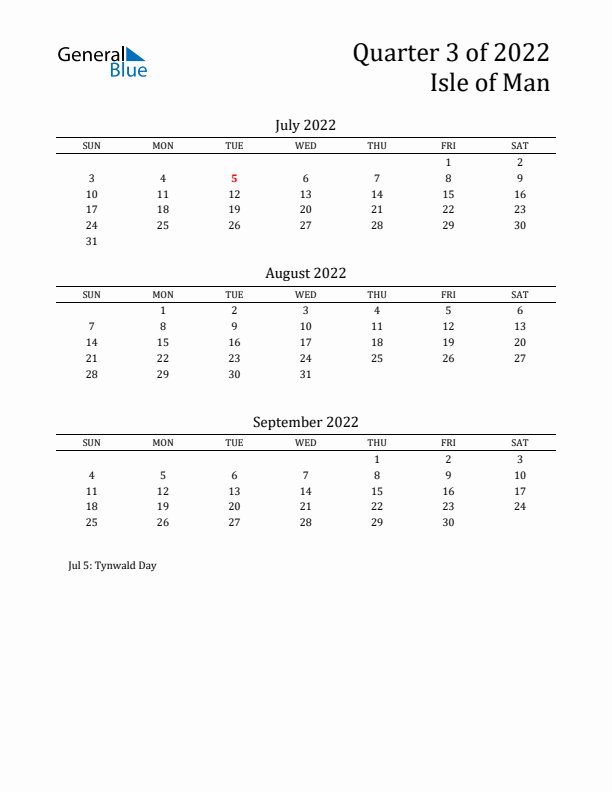 Quarter 3 2022 Isle of Man Quarterly Calendar