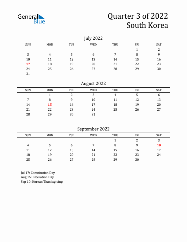 Quarter 3 2022 South Korea Quarterly Calendar