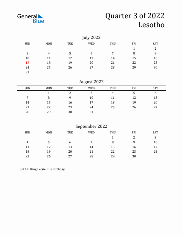 Quarter 3 2022 Lesotho Quarterly Calendar