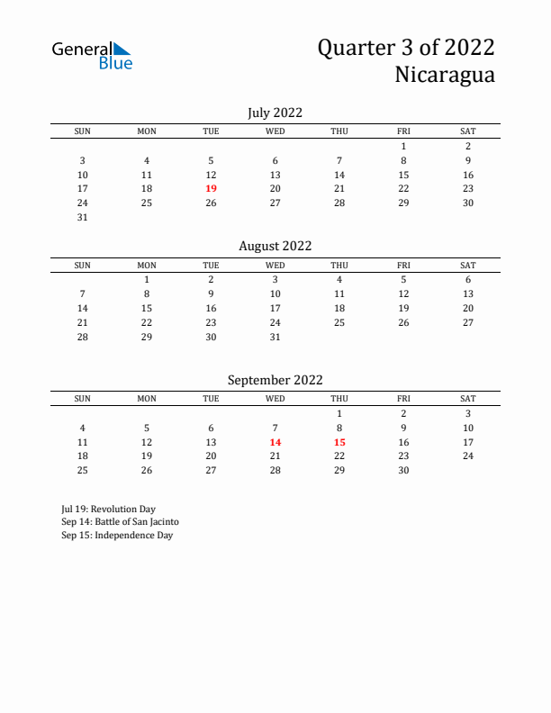 Quarter 3 2022 Nicaragua Quarterly Calendar