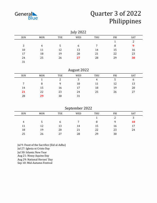 Quarter 3 2022 Philippines Quarterly Calendar