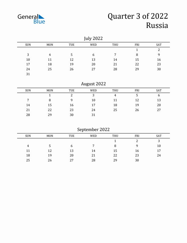 Quarter 3 2022 Russia Quarterly Calendar