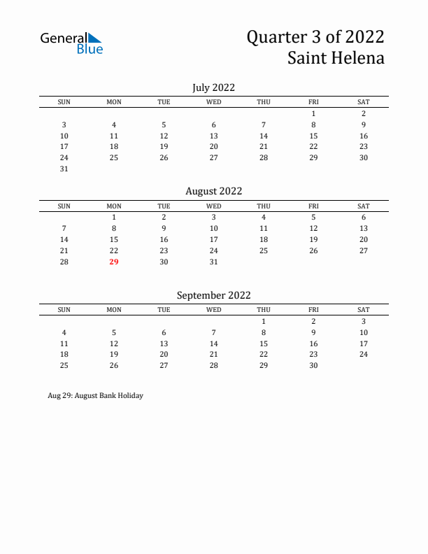 Quarter 3 2022 Saint Helena Quarterly Calendar