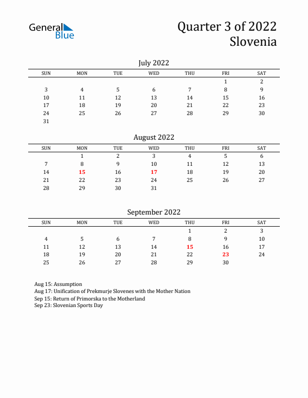 Quarter 3 2022 Slovenia Quarterly Calendar