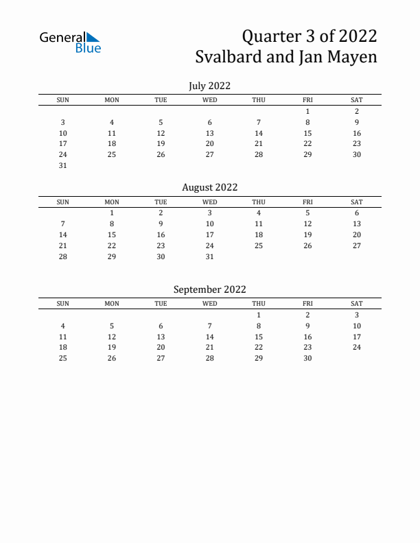 Quarter 3 2022 Svalbard and Jan Mayen Quarterly Calendar