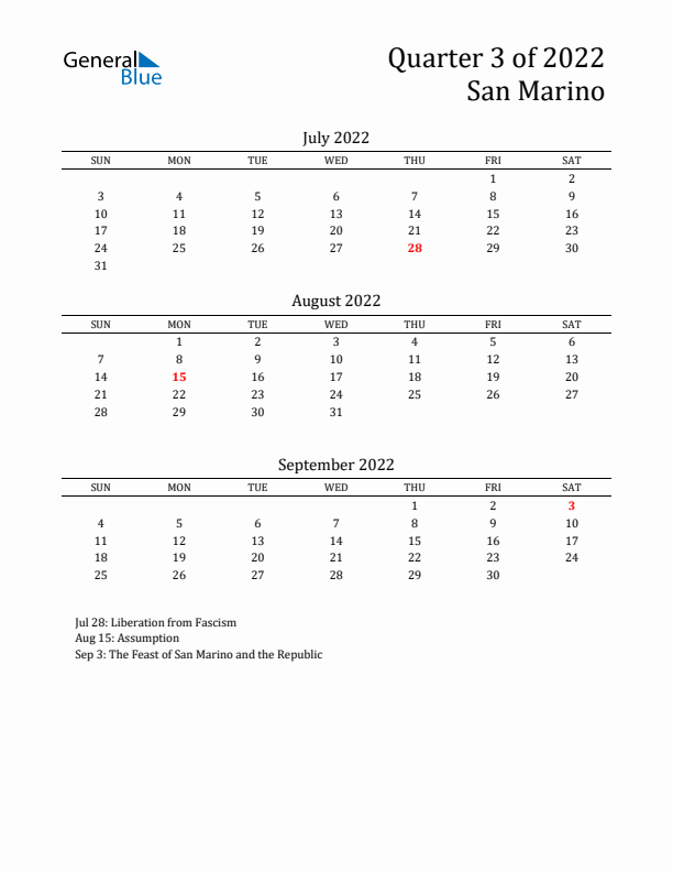 Quarter 3 2022 San Marino Quarterly Calendar