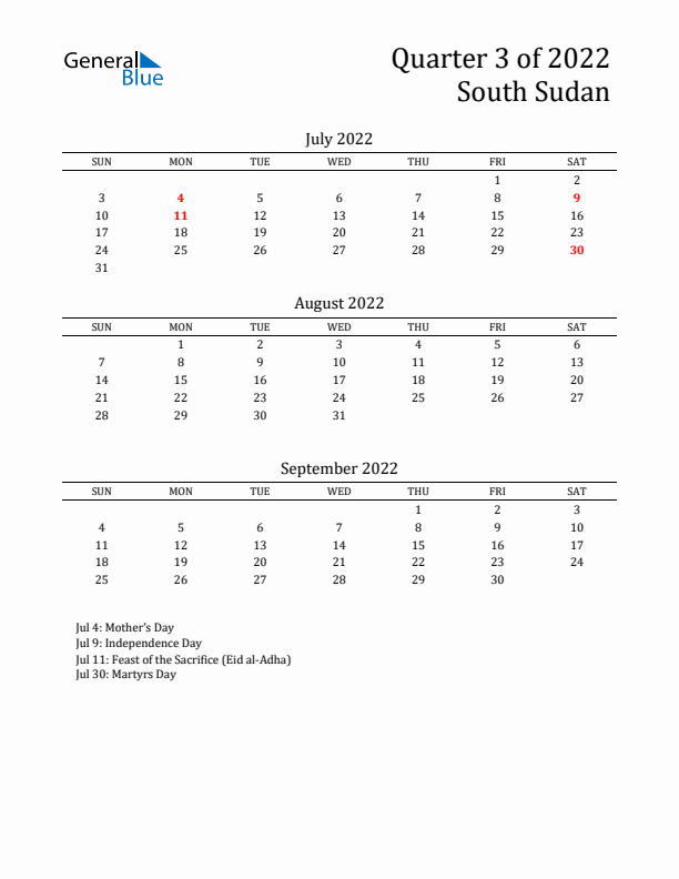 Quarter 3 2022 South Sudan Quarterly Calendar