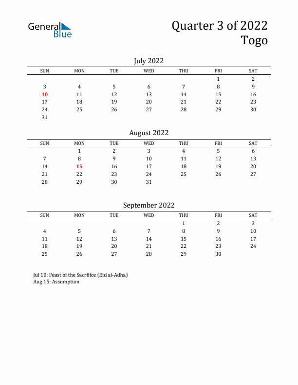 Quarter 3 2022 Togo Quarterly Calendar