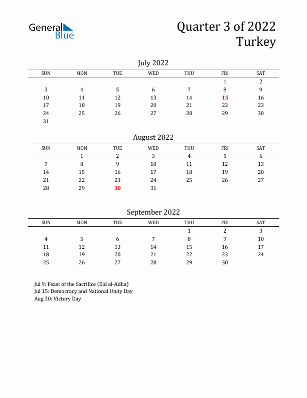 Quarter 3 2022 Turkey Quarterly Calendar