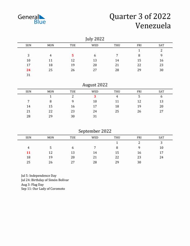 Quarter 3 2022 Venezuela Quarterly Calendar