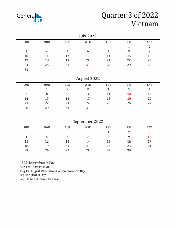 Quarter 3 2022 Vietnam Quarterly Calendar