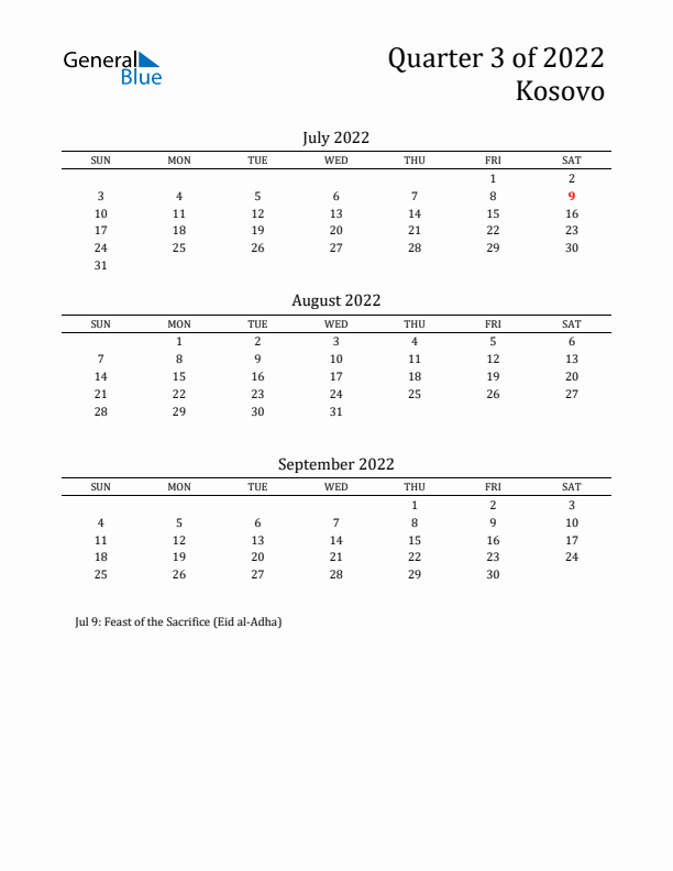 Quarter 3 2022 Kosovo Quarterly Calendar