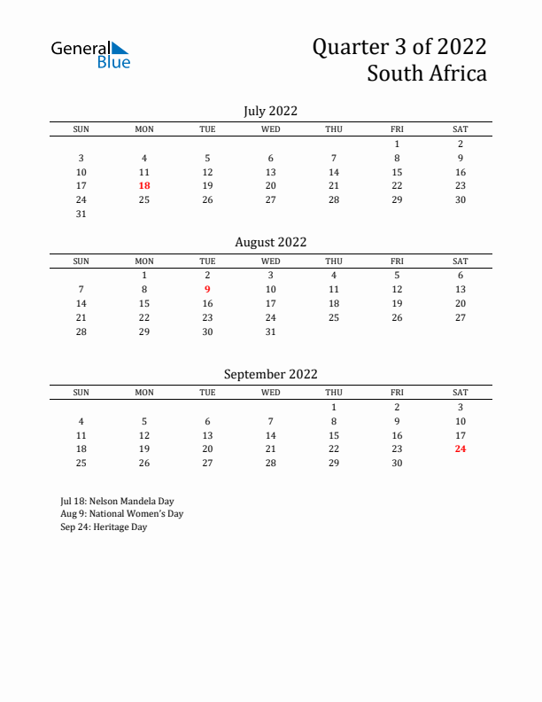 Quarter 3 2022 South Africa Quarterly Calendar