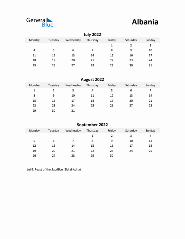 Printable Quarterly Calendar with Notes and Albania Holidays- Q3 of 2022