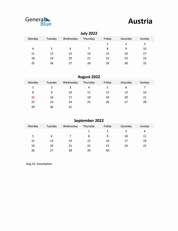 Printable Quarterly Calendar with Notes and Austria Holidays- Q3 of 2022