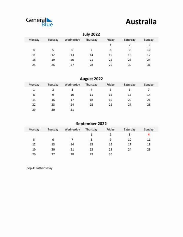 Printable Quarterly Calendar with Notes and Australia Holidays- Q3 of 2022