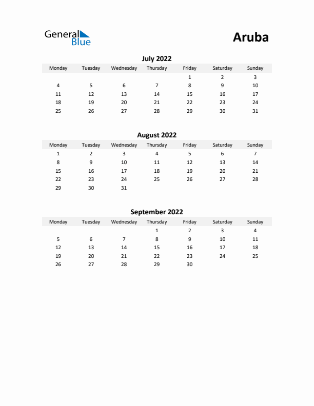 Printable Quarterly Calendar with Notes and Aruba Holidays- Q3 of 2022