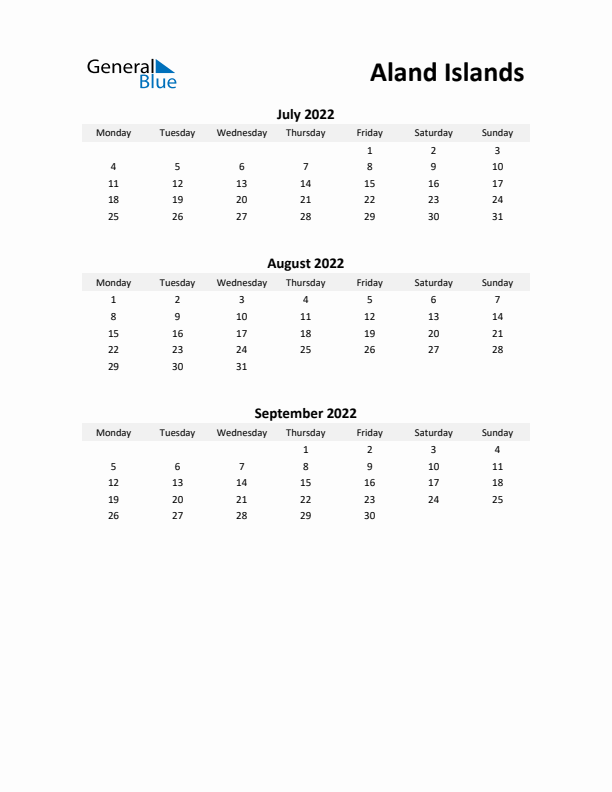 Printable Quarterly Calendar with Notes and Aland Islands Holidays- Q3 of 2022