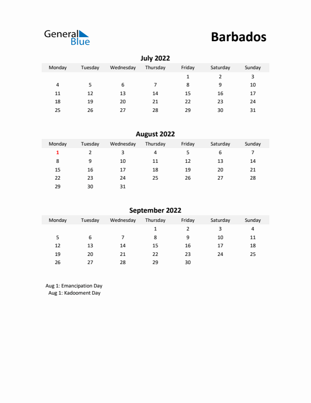 Printable Quarterly Calendar with Notes and Barbados Holidays- Q3 of 2022