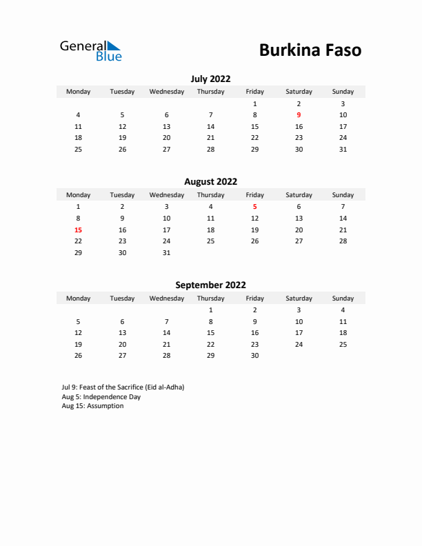 Printable Quarterly Calendar with Notes and Burkina Faso Holidays- Q3 of 2022