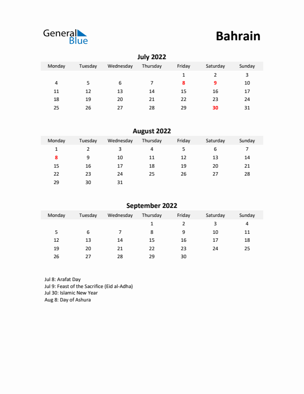 Printable Quarterly Calendar with Notes and Bahrain Holidays- Q3 of 2022