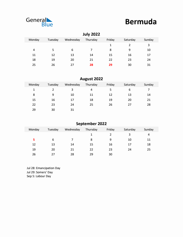 Printable Quarterly Calendar with Notes and Bermuda Holidays- Q3 of 2022